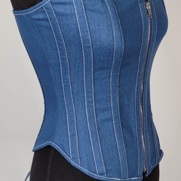 Sexy Blue Denim Corset With Zipper - Picture 6 of 9